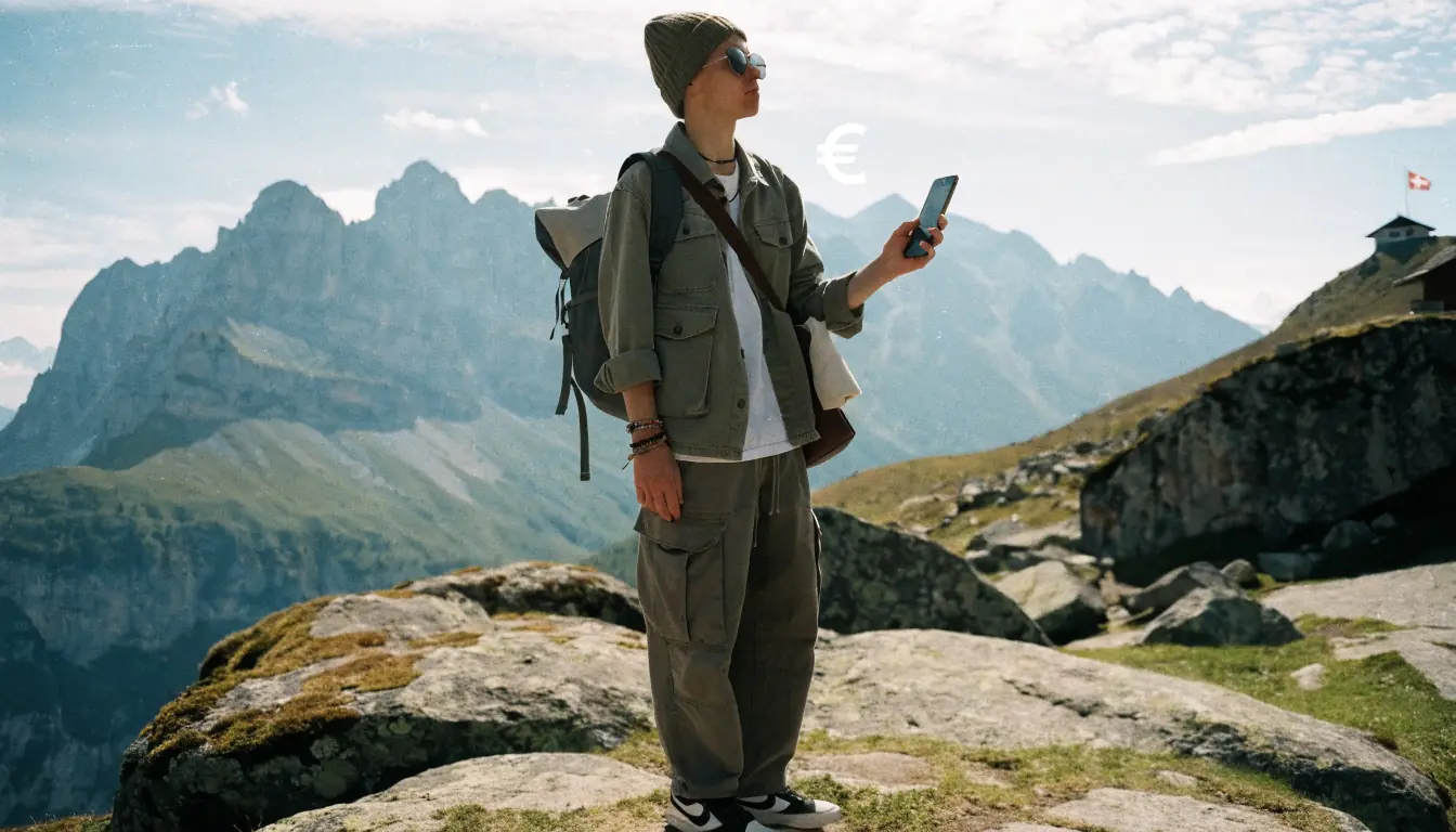 Person mit Smartphone vor Schweizer Alpenpanorama