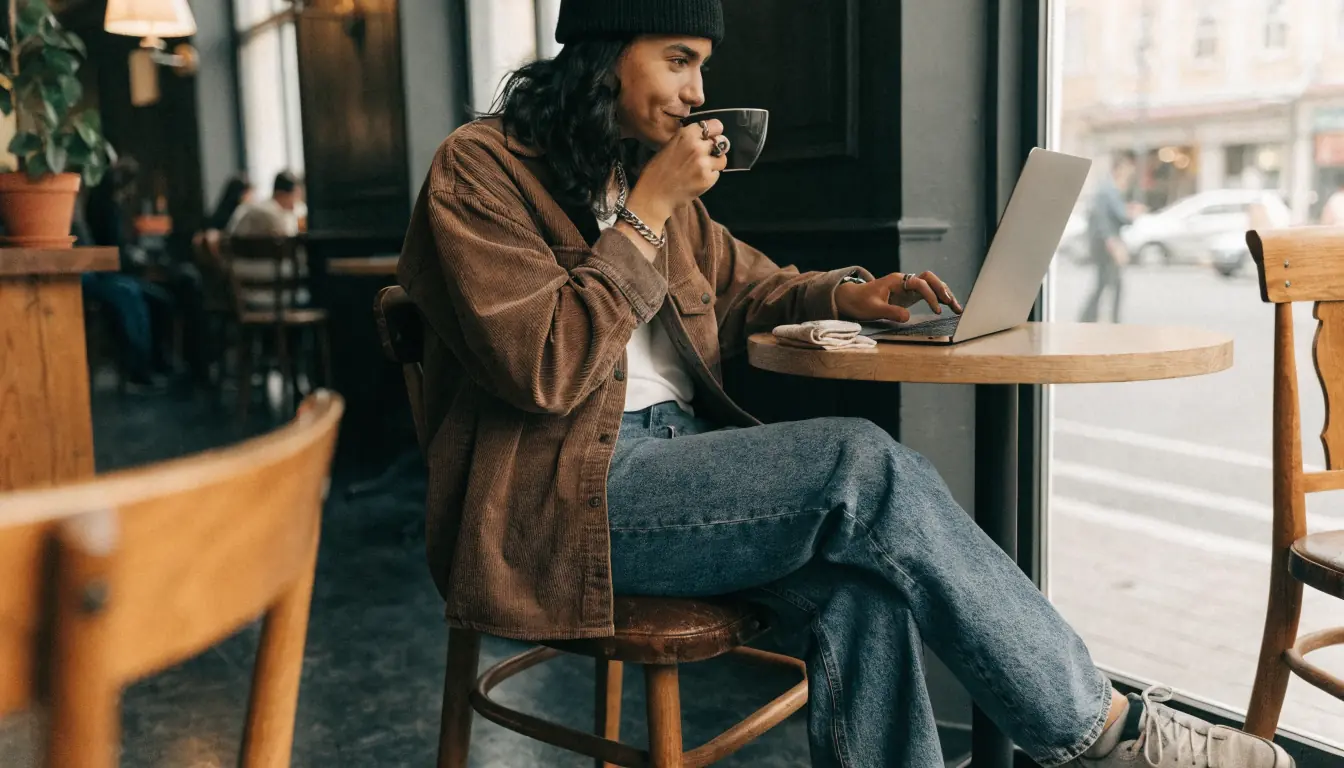 Junge Person registriert sich per Laptop im Café
