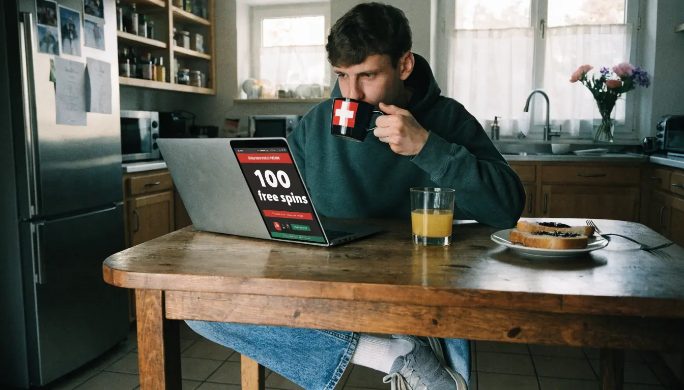 Junger Schweizer schaut Laptop, trinkt Kaffee