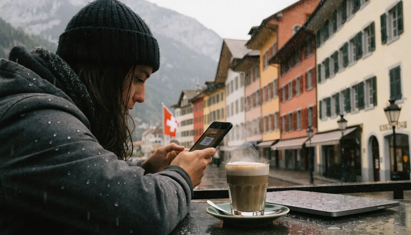 Person in Café mit Smartphone, Schweizer Landschaft im Hintergrund
