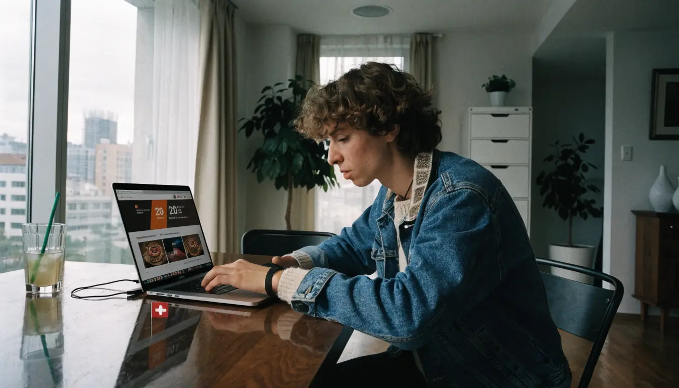 Junge Person am Laptop mit Casino‑Banner und Schweizer Flagge