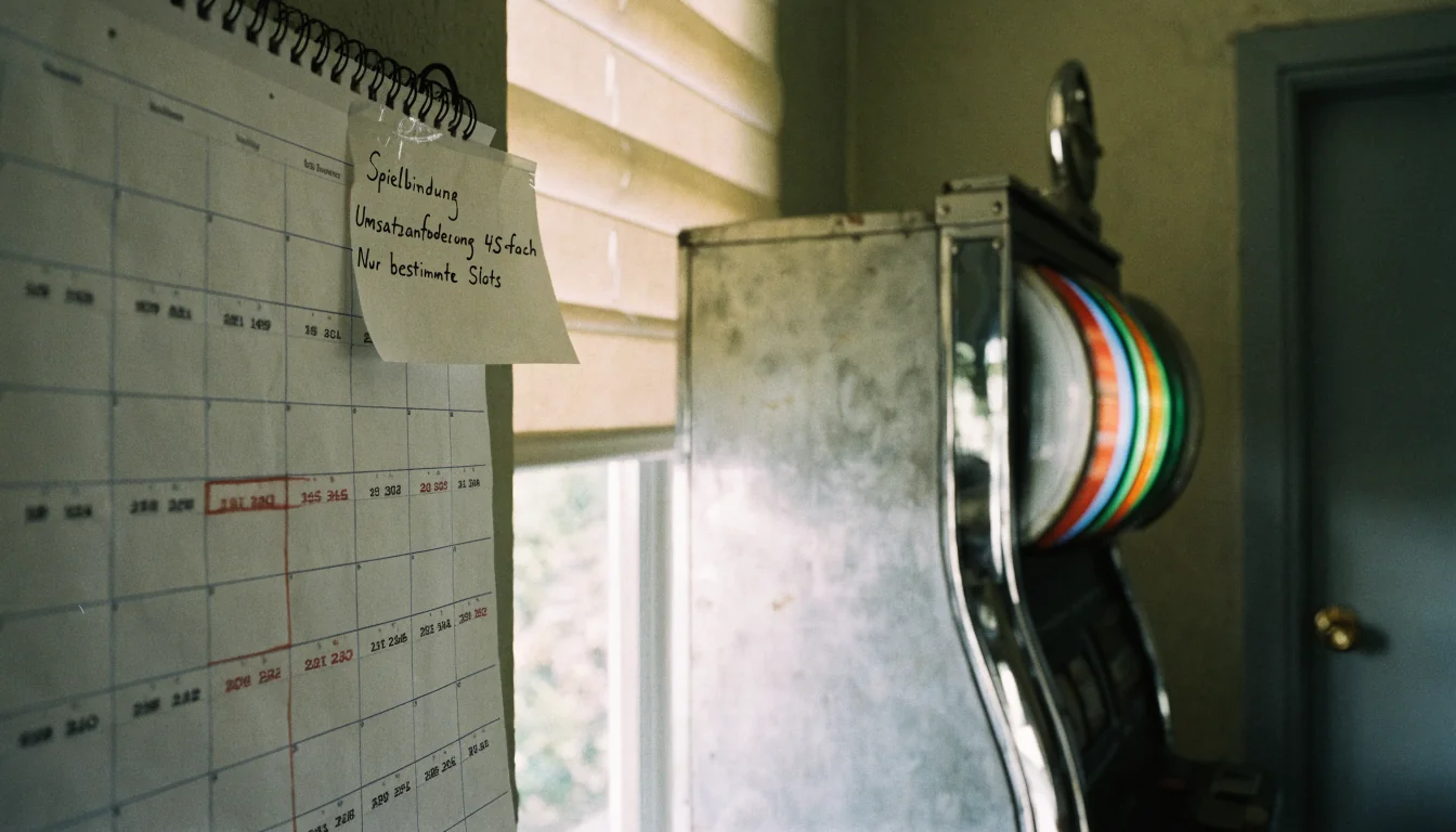 Kalender, Checkliste Bonusbedingungen neben drehender Slot‑Maschine