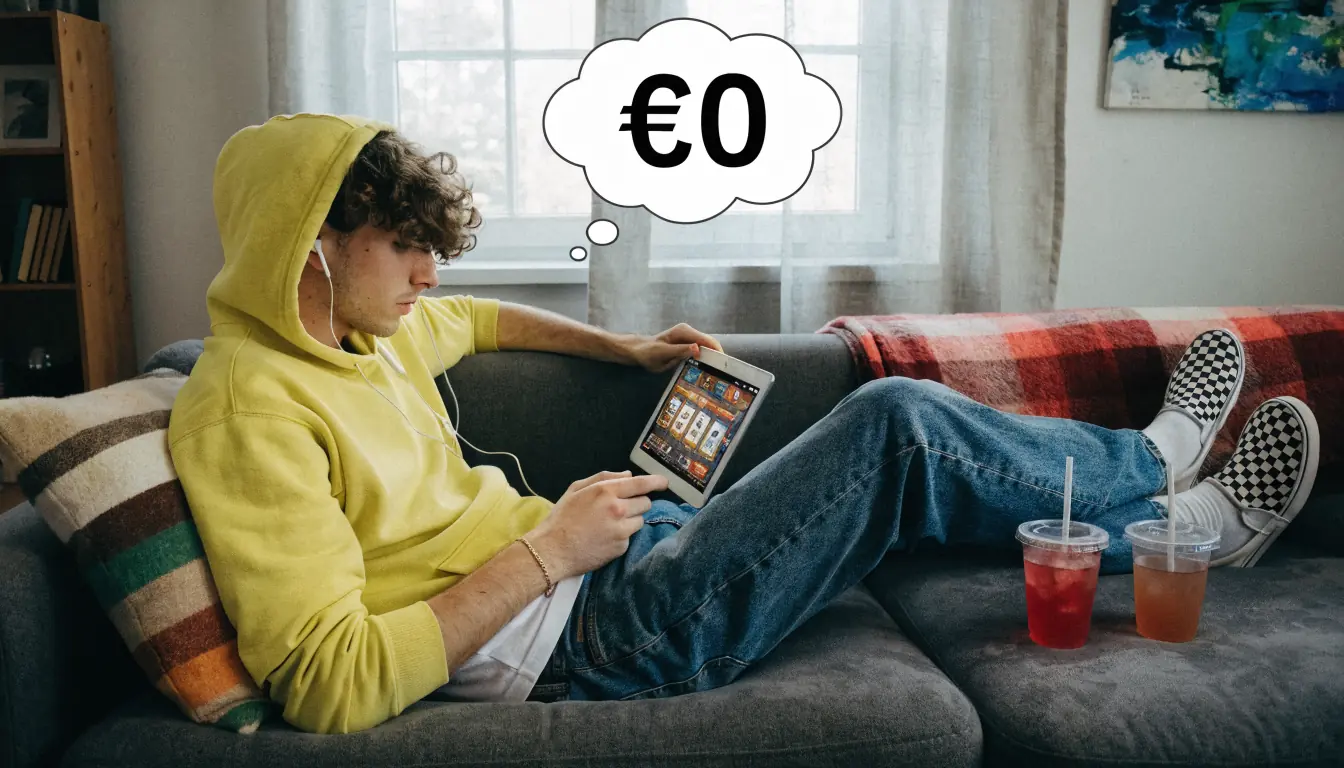 Person spielt Slot auf Tablet, kein Geld eingesetzt