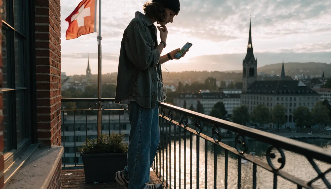 Person mit Smartphone vor Zürcher See