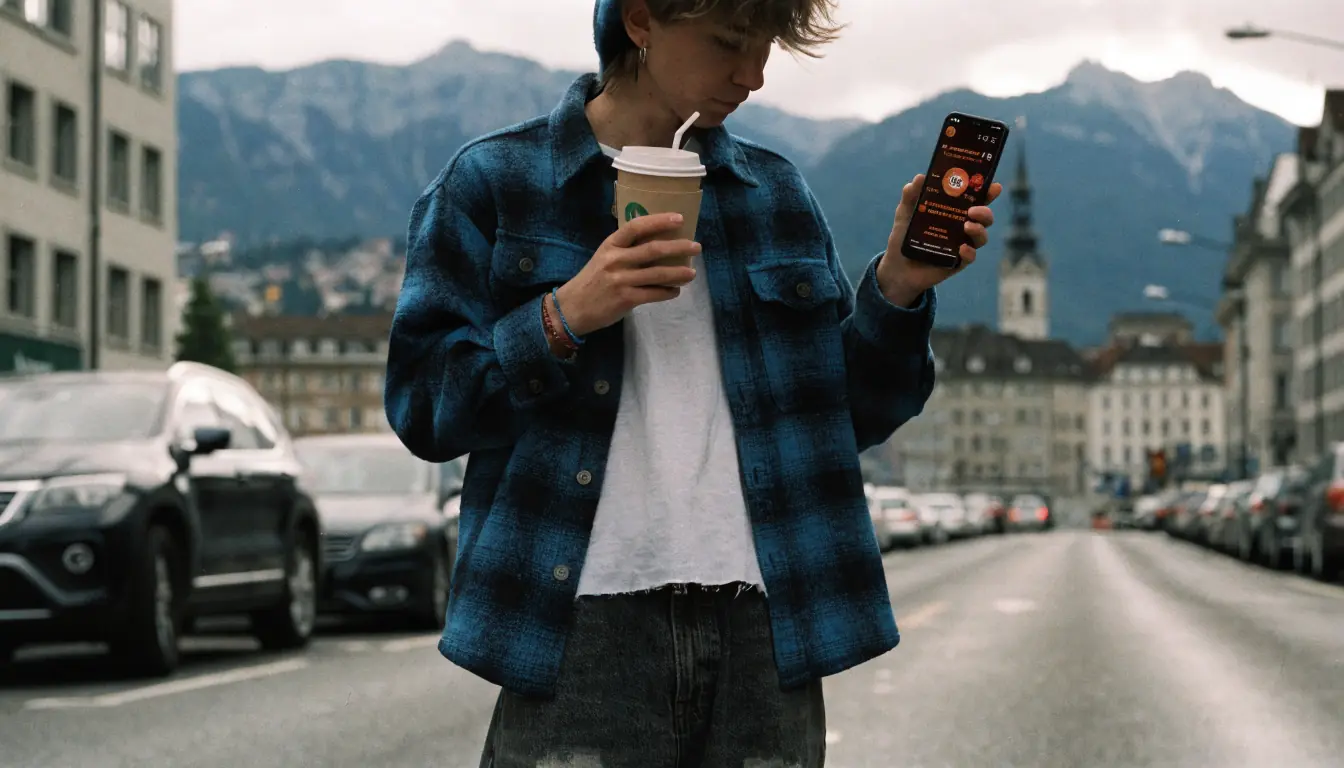 Junge in Zürich betrachtet Handy, Alpen im Hintergrund