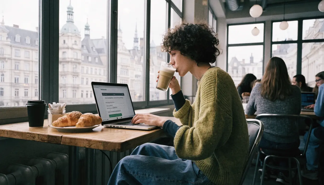 Person registriert sich im Online-Casino, Kaffee neben sich
