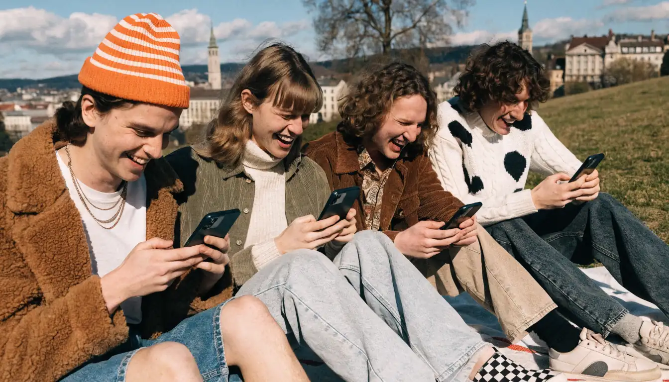 Freunde spielen Slot-Spiele auf Handys im Park