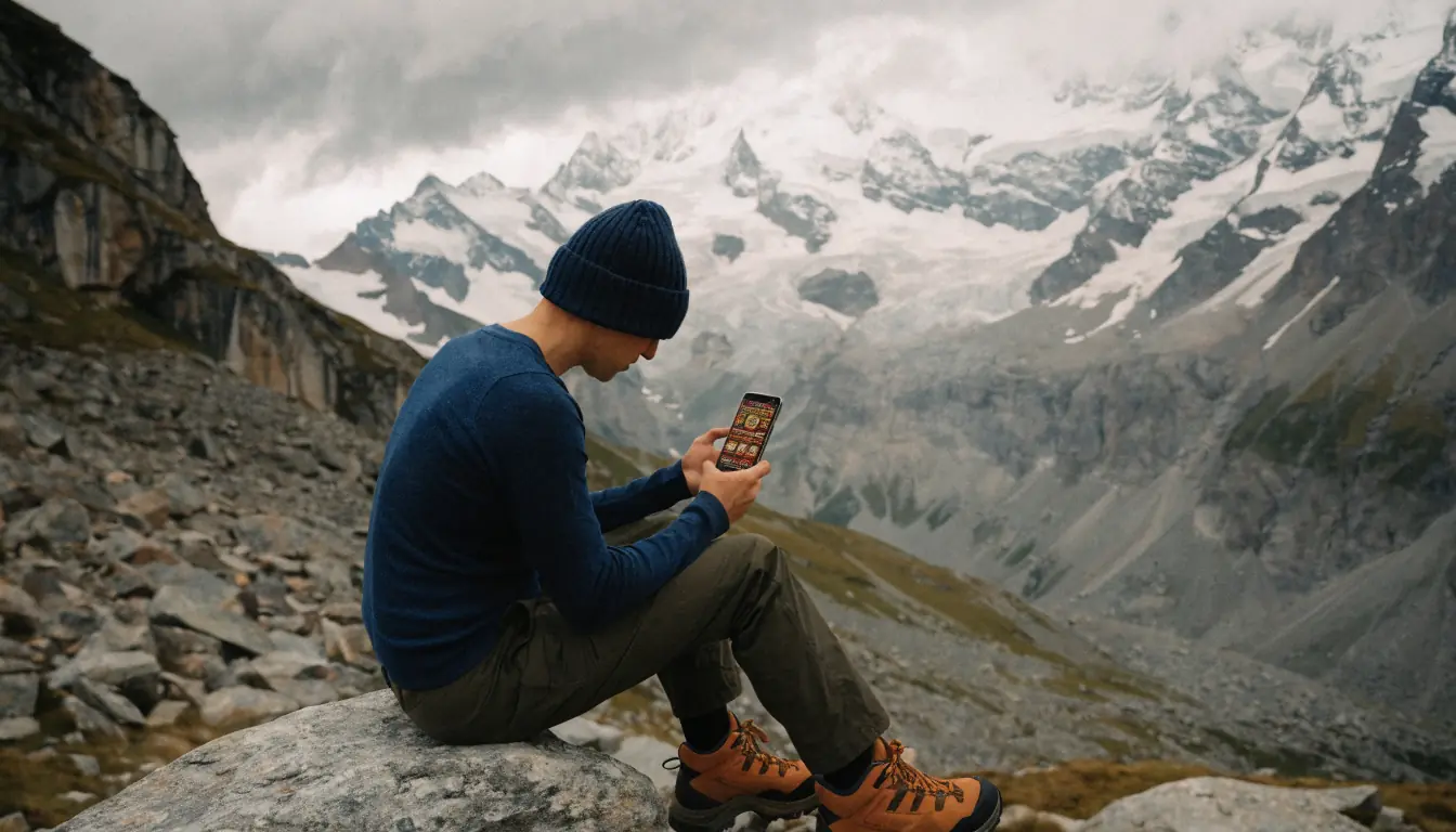 Wanderer spielt Book of Dead auf Handy im Alpenmeer