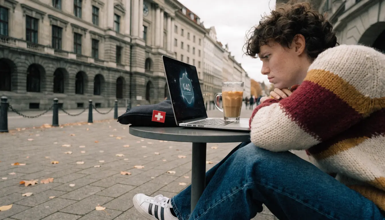 Person im Zürcher Café schaut auf Laptop, Bonusanzeige