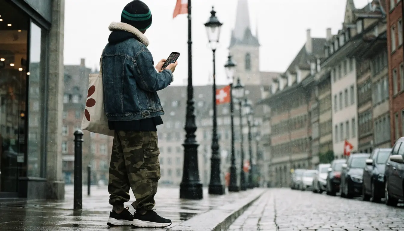 Person prüft Smartphone, Casino‑Symbole im Hintergrund