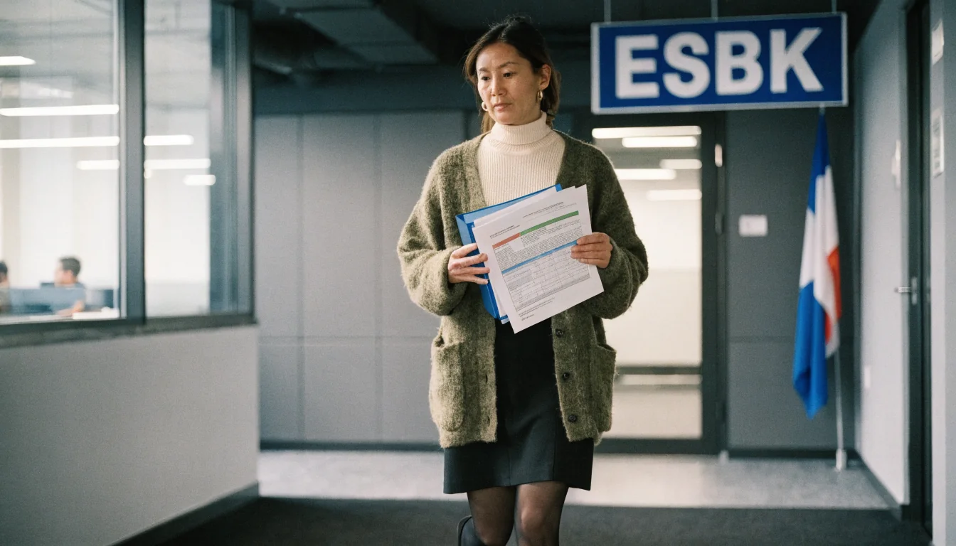 Frau im Büro mit ESBK‑Hinweis im Hintergrund