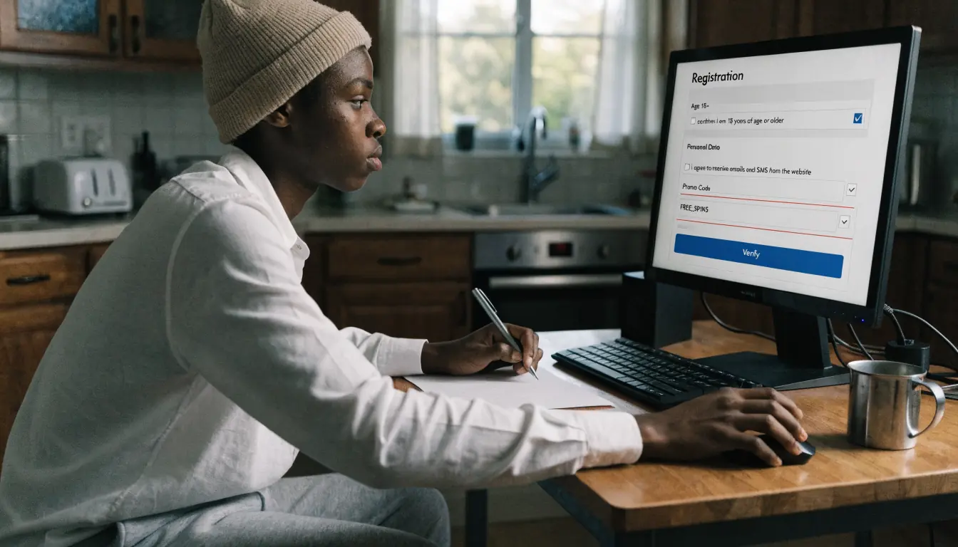 Mann registriert sich, gibt Code für Freispiele ein