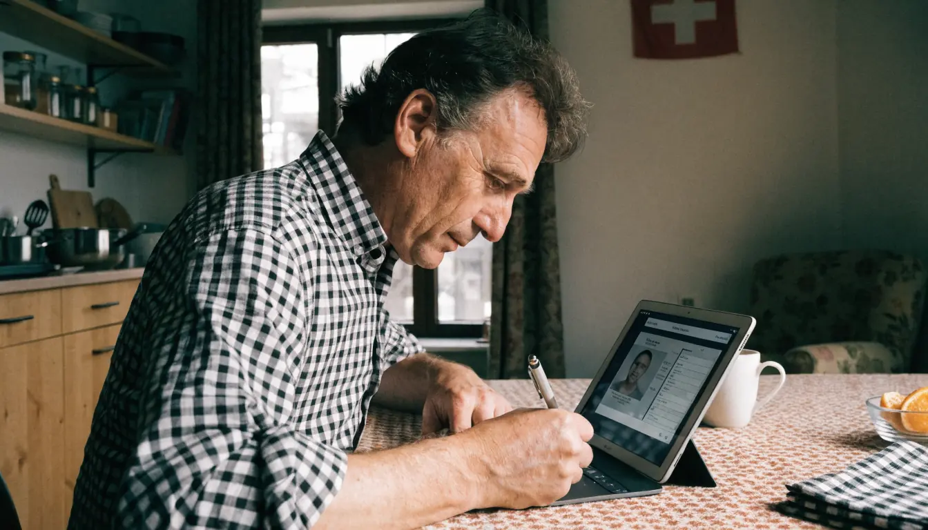 Mann füllt Online‑Registrierung mit Ausweis aus.