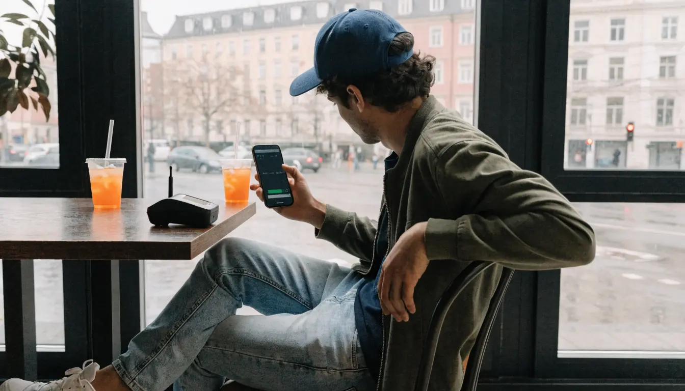Mann bezahlt per Smartphone, e‑Wallet sichtbar.