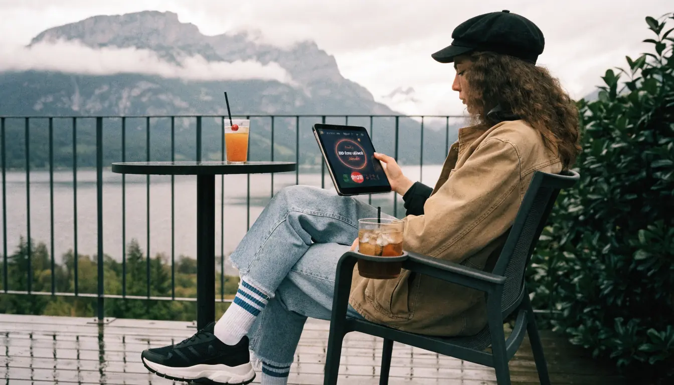 Person schaut auf Laptop, Alpen im Hintergrund