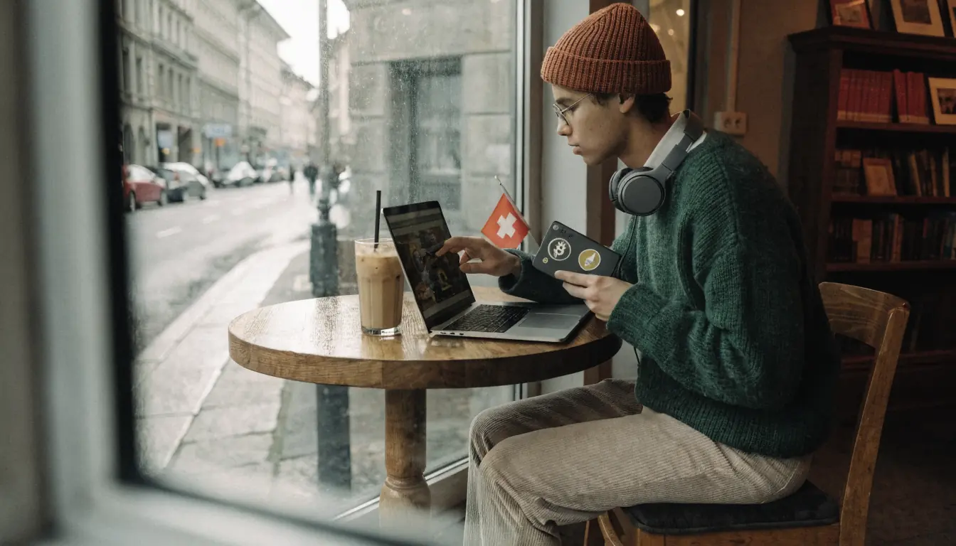 Person nutzt Hardware‑Wallet für Bitcoin in Bern