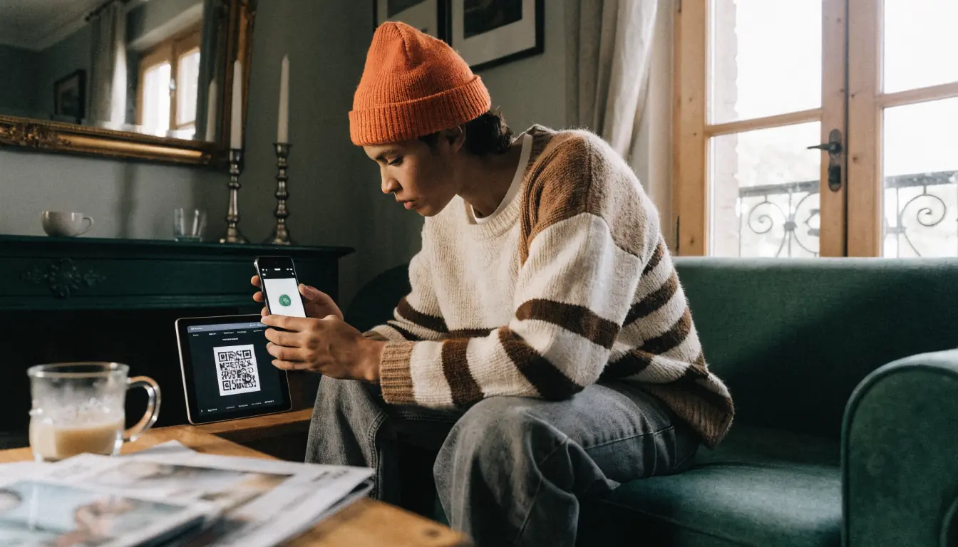 Kryptoeinzahlung per QR‑Code in Wohnungszimmer