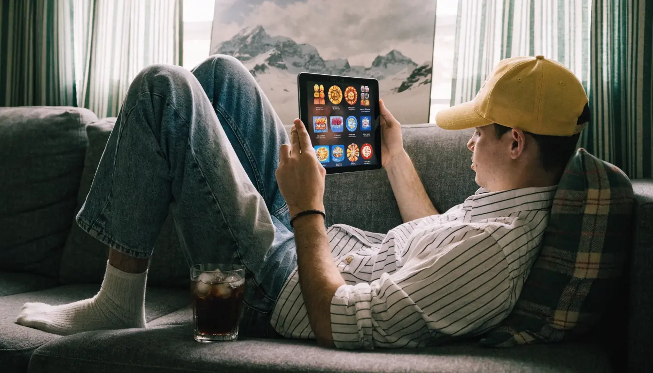 Person betrachtet verschiedene Slot-Icons auf Tablet