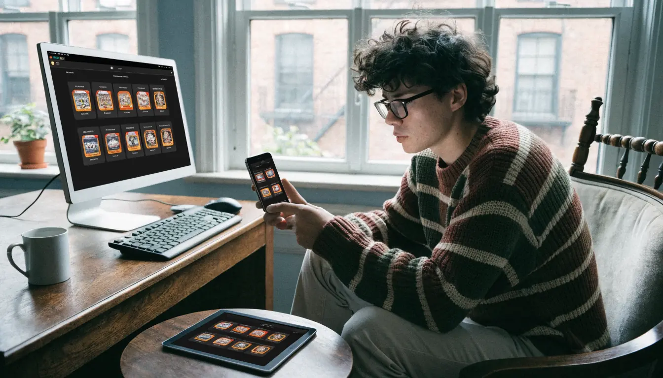 Person nutzt Casino‑Webseite auf PC, Tablet, Smartphone