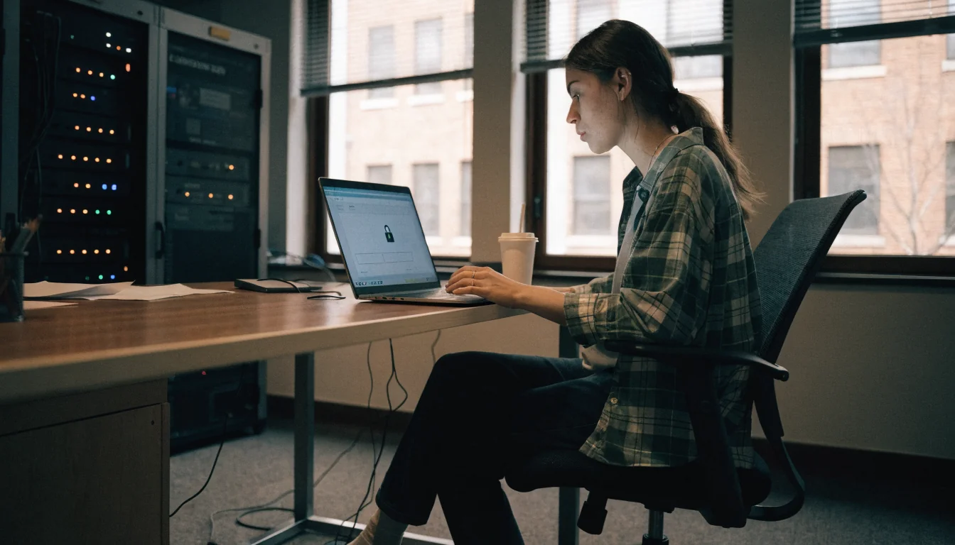 Person arbeitet sicher am Laptop mit Verschlüsselung