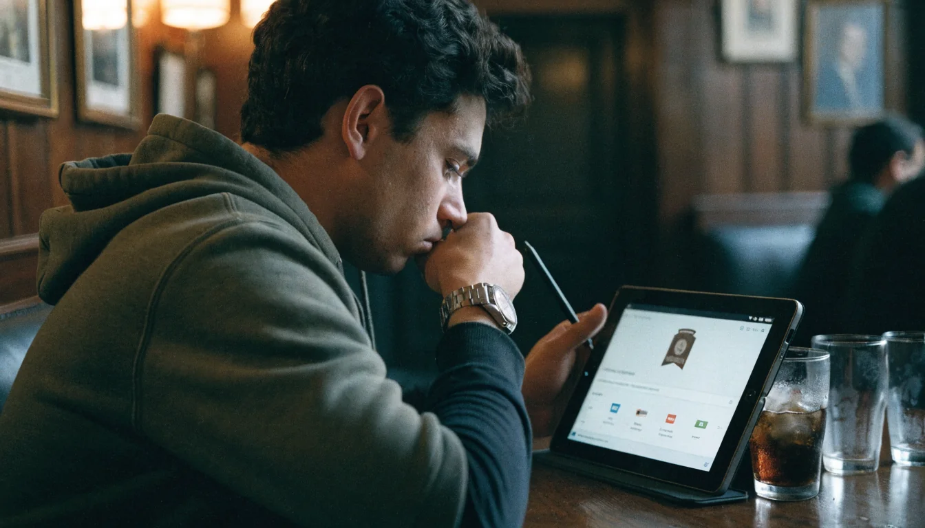 Person prüft Lizenz und Zahlungsmethoden auf Tablet