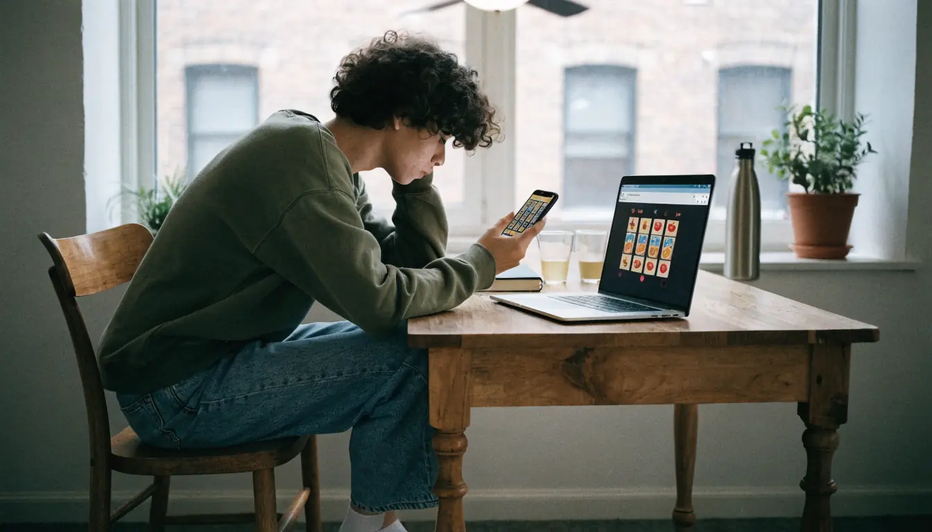 Person vergleicht Slot-App auf Handy und Browser auf Laptop.