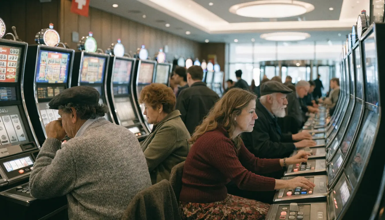 Casino‑Innenraum mit Spielautomaten und Schweizer Flagge