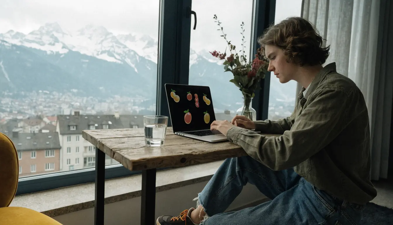 Person am Laptop mit Schweizer Alpen im Hintergrund.