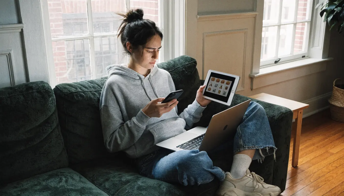 Person nutzt Smartphone, Tablet und Laptop gleichzeitig.