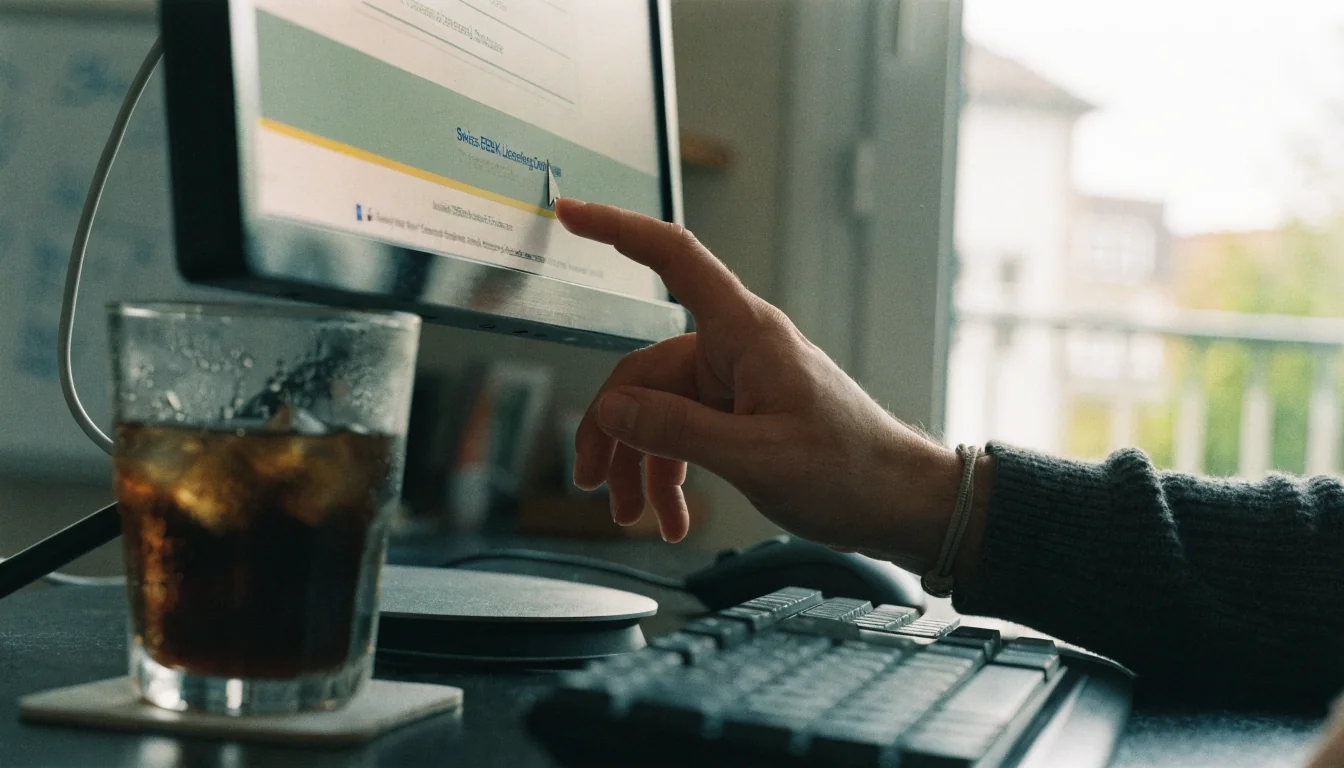 Hand zeigt Footer‑Link auf Lizenz‑Infos.