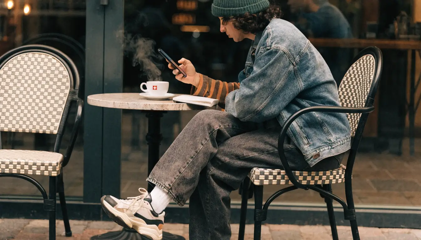 Person prüft Casinolizenz auf Smartphone im Café.