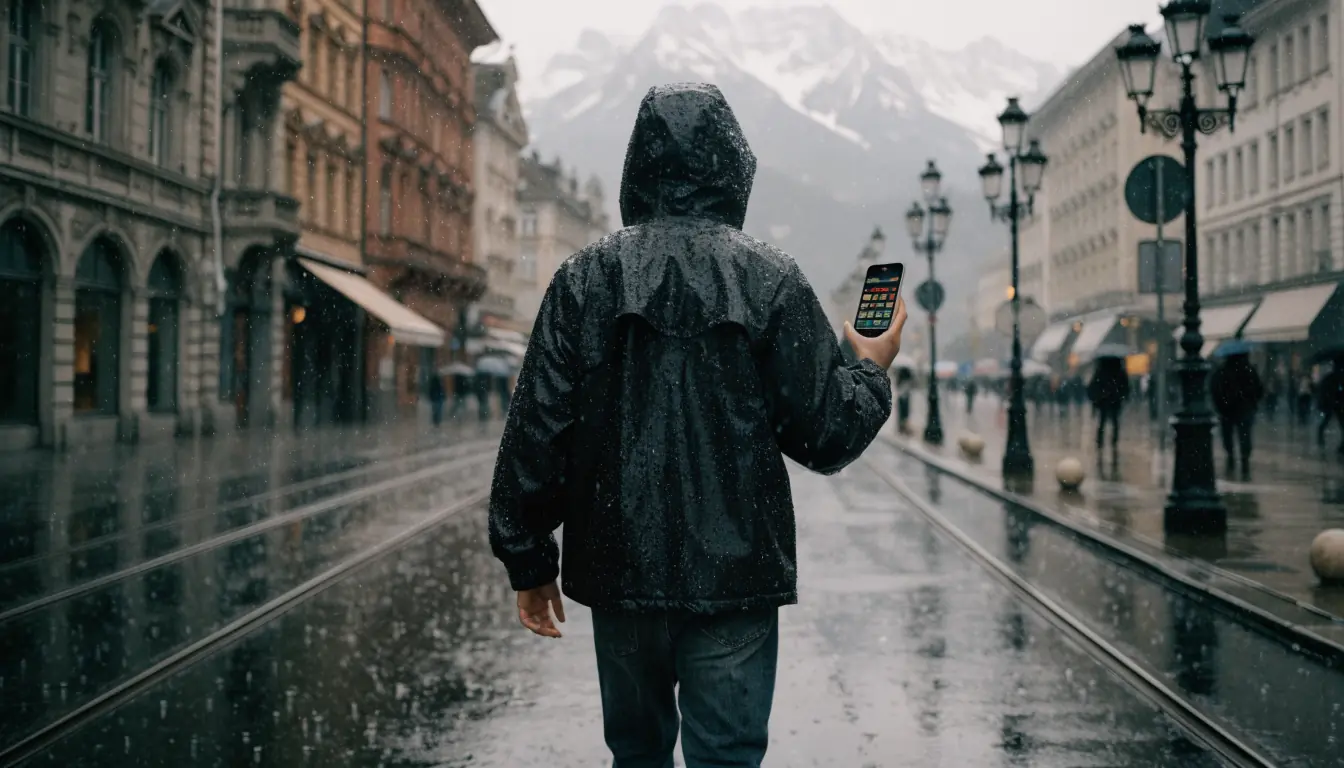 Junge Person mit Smartphone vor Zürcher Altstadt
