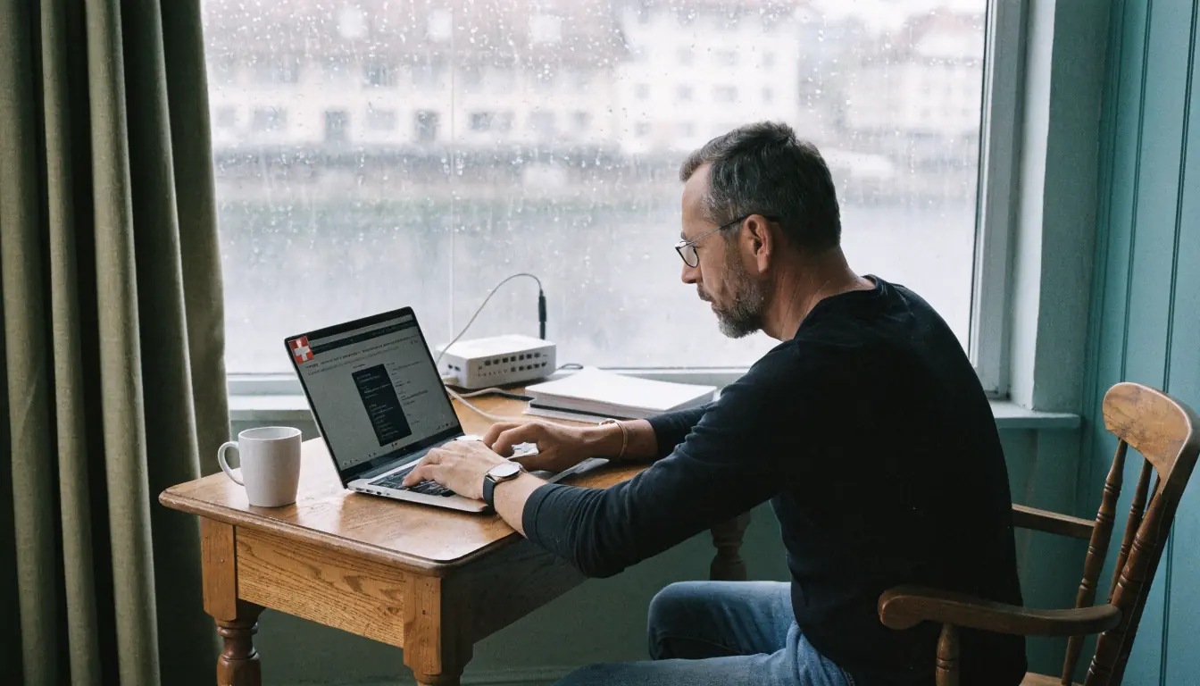 Person am Laptop mit Schweizer Flagge und VPN‑Router