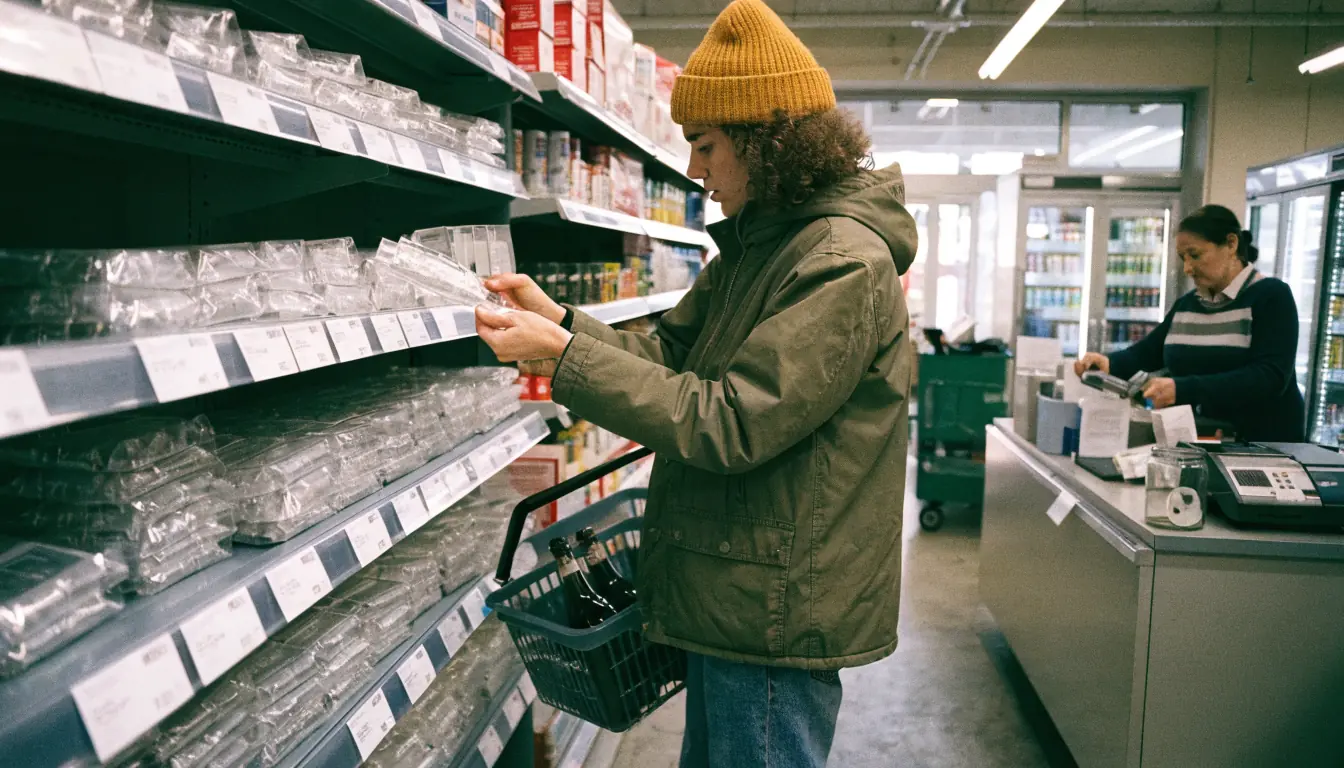 Kunde nimmt Prepaid‑Guthaben‑Gutschein im Supermarkt