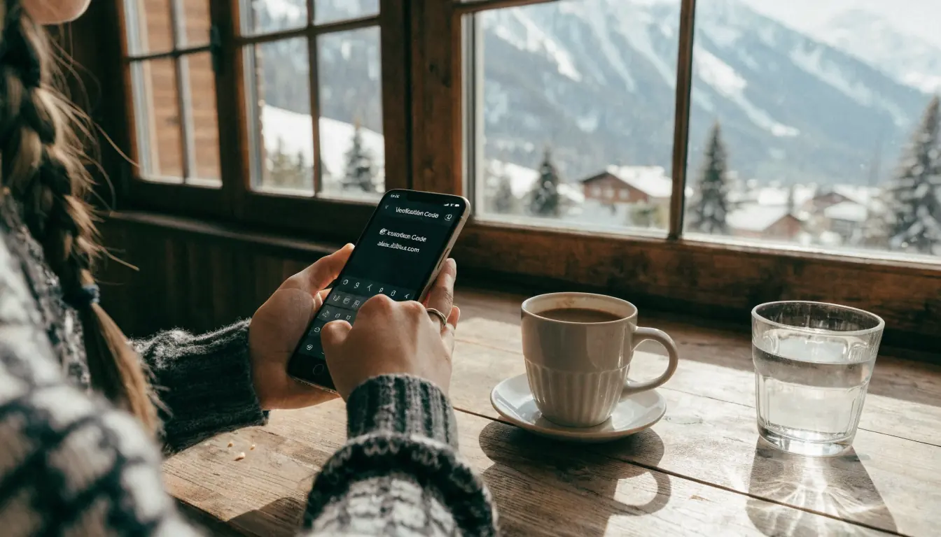 Person gibt E‑Mail auf Handy ein, Bestätigungscode