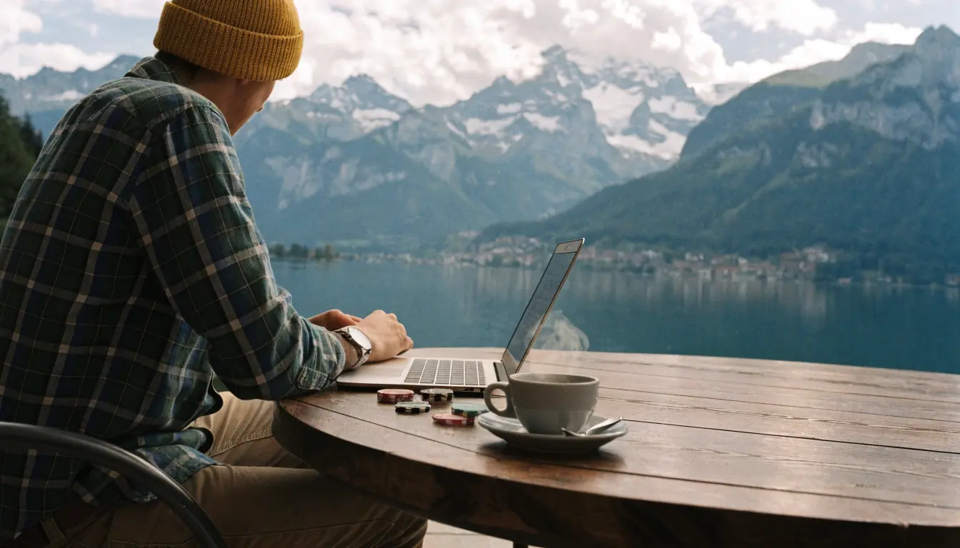 Person am See mit Laptop und Chips