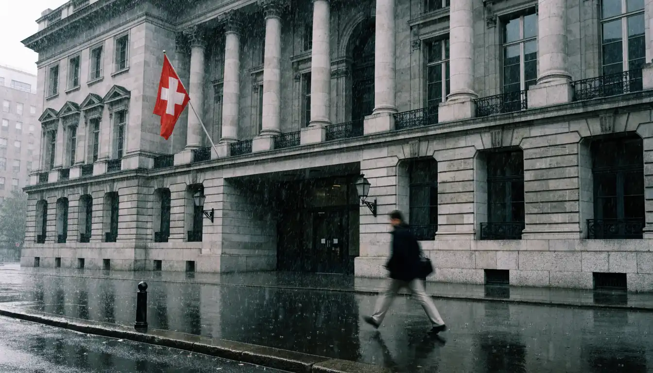 Schweizer Regierungsgebäude mit Spielverbotsschrift vor Hintergrund