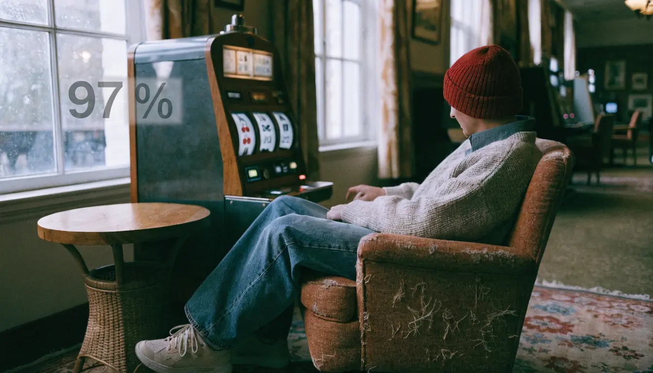 Person beobachtet Slot‑Maschine, 97 %‑Symbol schwebt daneben