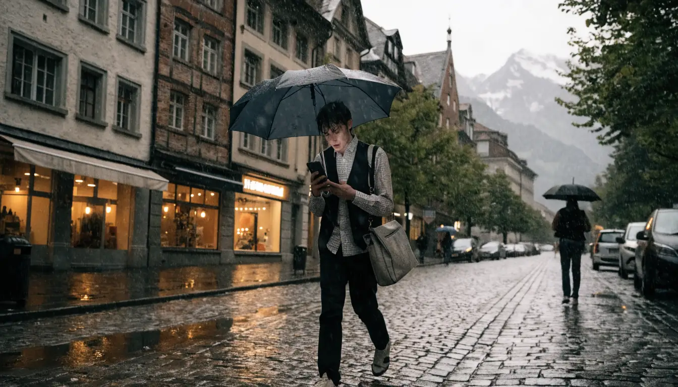 Person blickt nachdenklich auf Smartphone in Zürich