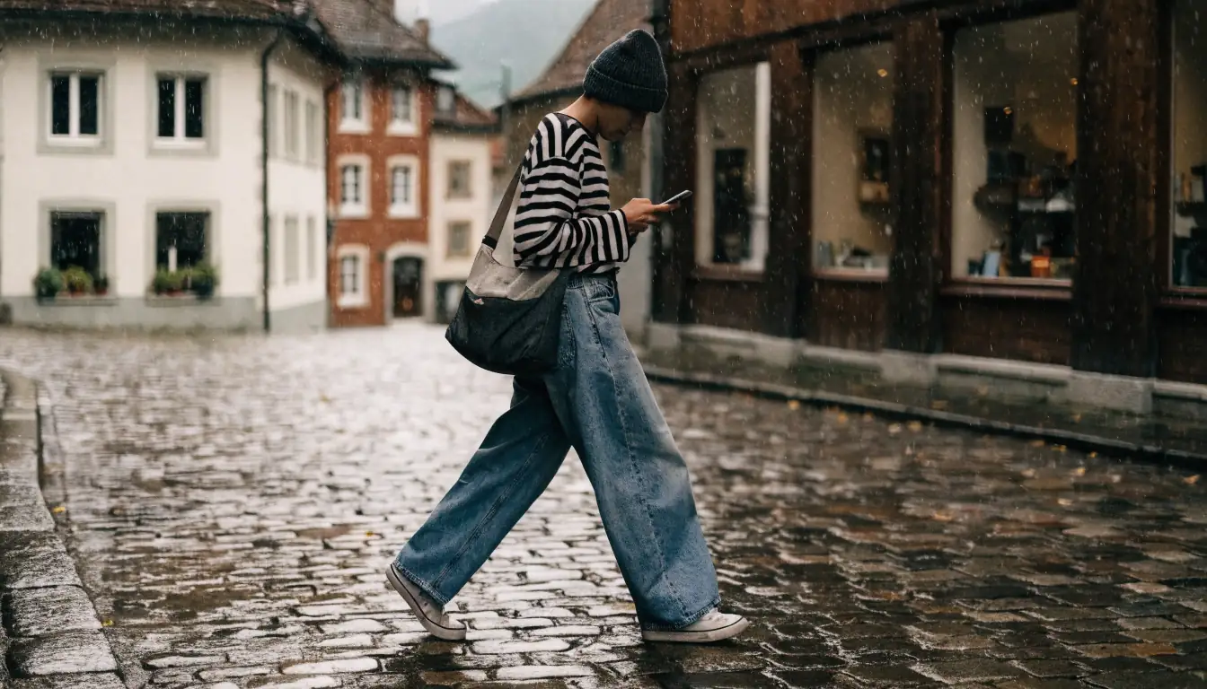 Person geht durch Schweizer Stadt, Blick nach vorne