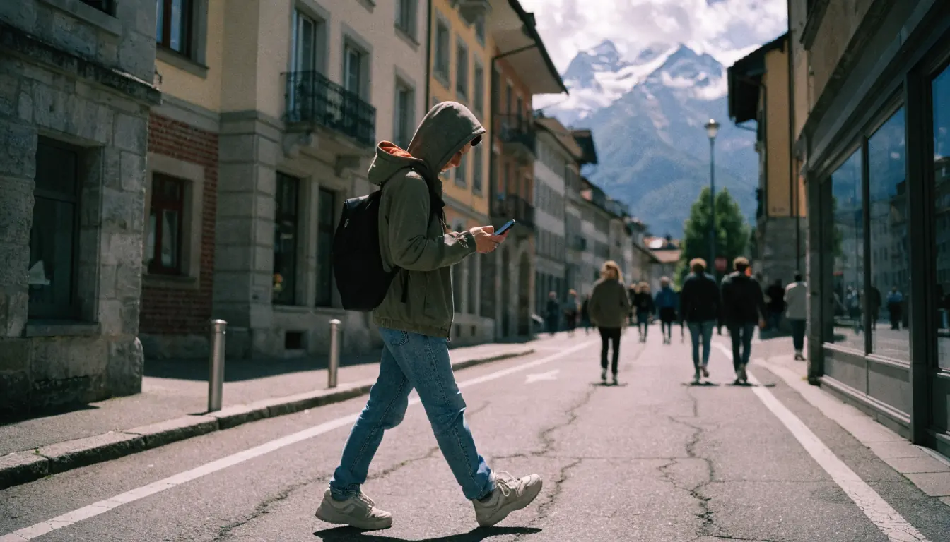 Junge mit Smartphone, Alpen im Hintergrund, Casino-Logo unscharf