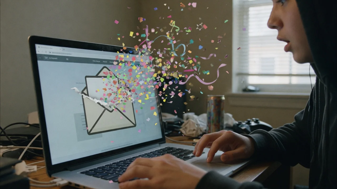 Spieler öffnet digitale Geschenkbox auf Laptop
