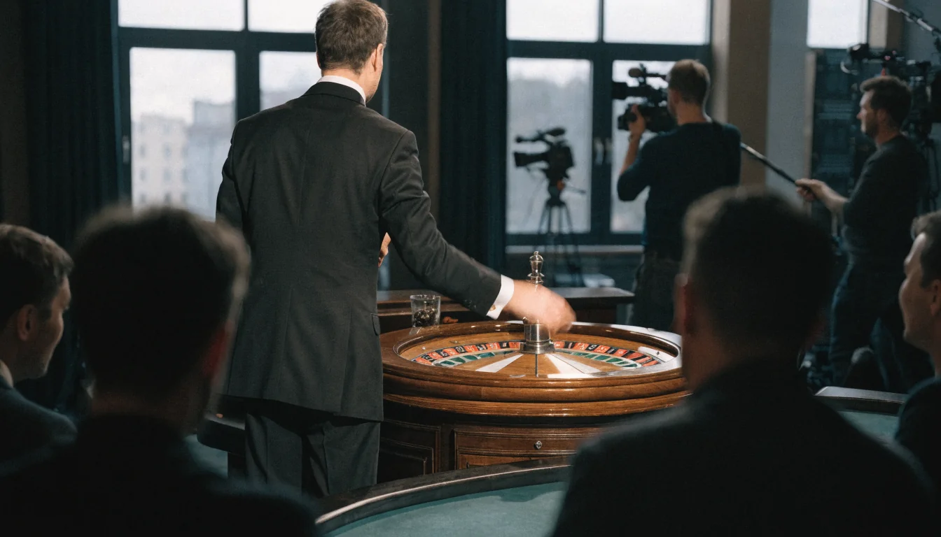 Dealer leitet Live‑Roulette, Spieler im Hintergrund