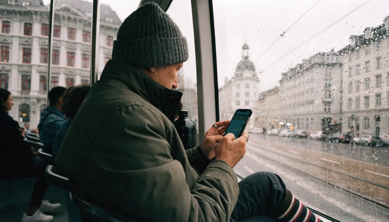 Person nutzt Casino‑App im Schweizer Tram