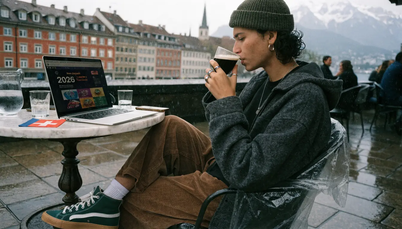Junge Person arbeitet am Laptop im Café
