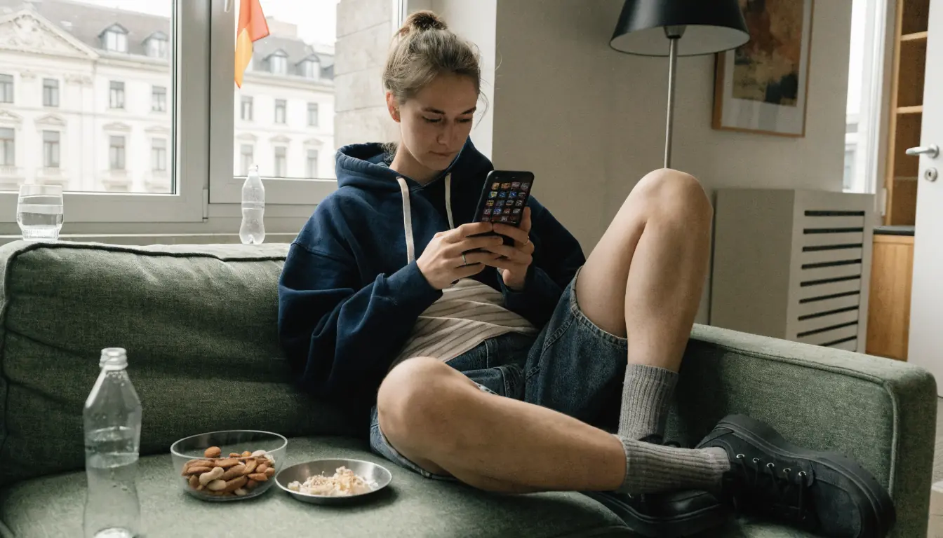 Junge Person mit Smartphone vor Schweizer Wohnwand