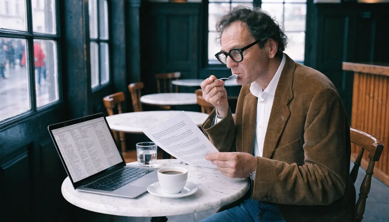 Mann studiert ESBK‑Regelwerk im Café
