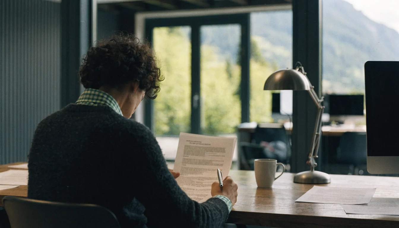 Person liest Vertragsbedingungen im Büro