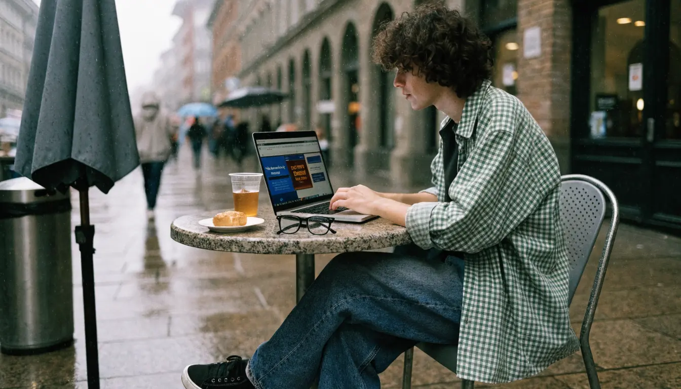 Person am Laptop in Schweizer Café, Bonus-Icon