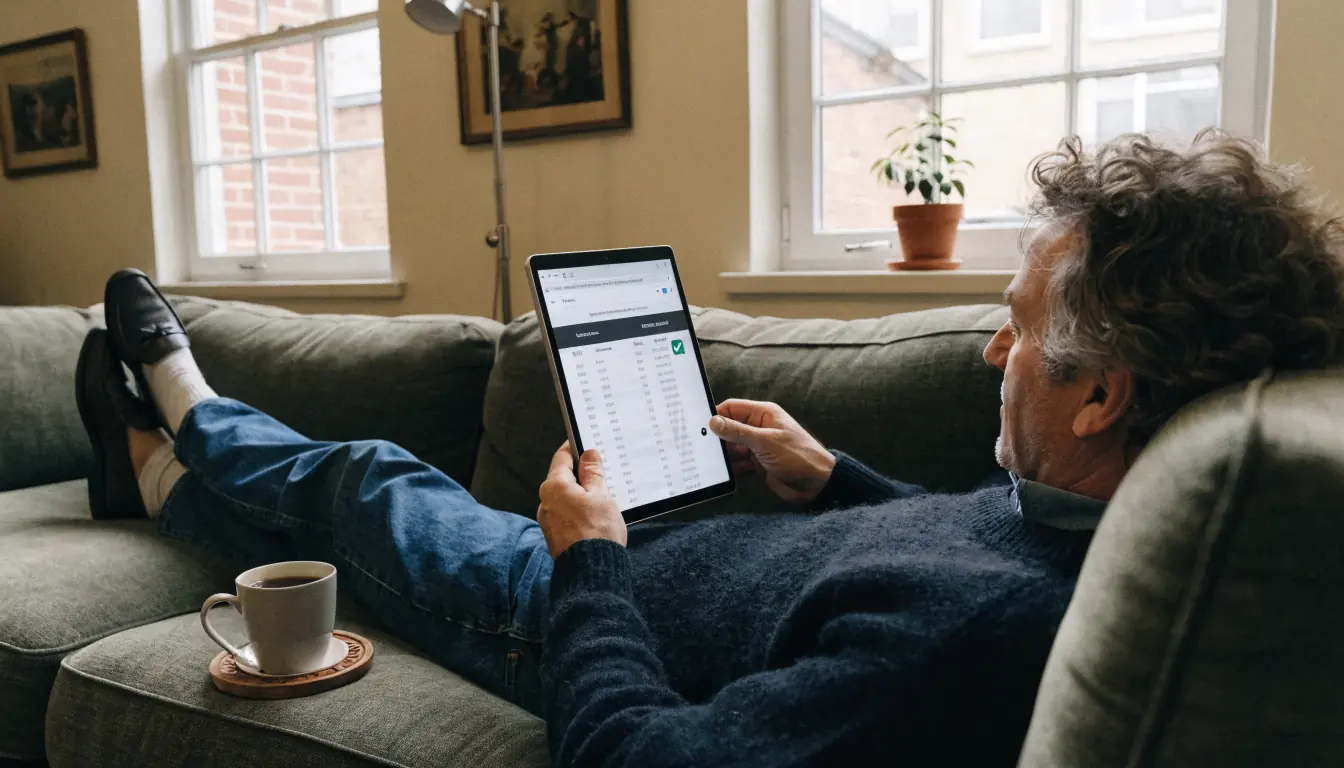 Mann prüft Lizenzlink im Footer auf Tablet